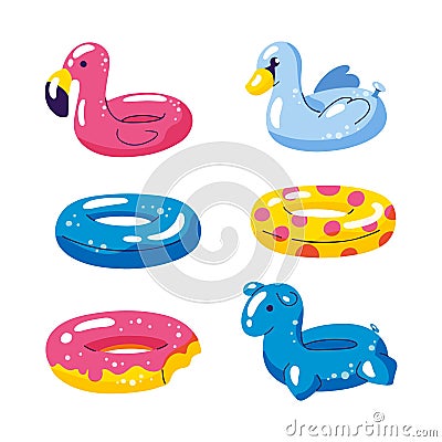 Pool cute kids inflatable floats, vector isolated design elements. Unicorn, flamingo, swan ball, donut icons isolated on Vector Illustration