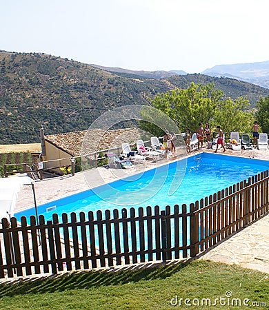 Pool deck in countryside Stock Photo