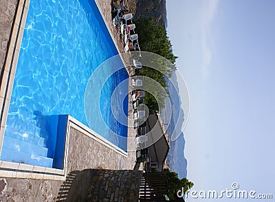 Pool deck in countryside Stock Photo