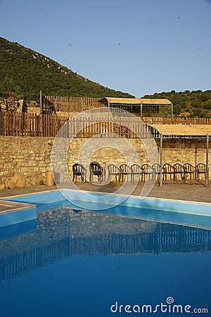 Pool deck in countryside Stock Photo