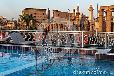 Pool deck luxury boat cruise ship in egypt luxor during dawn sunset Stock Photo