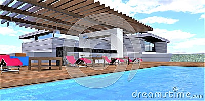 Pool decked in a stylish private estate. Burgundy sun loungers near the black marble bar in a cozy patio. 3d rendering Stock Photo