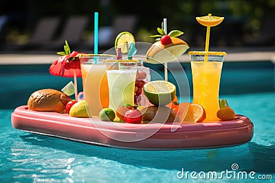 pool float with tray holding classic cocktails Stock Photo