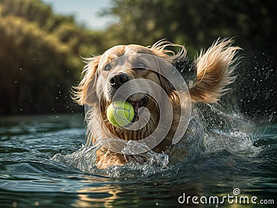 In the pool, a happy puppy dog dives and leaps, holding tennis ball in his mouth, Stock Photo