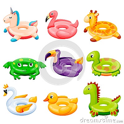 Pool inflatable rings. Kids floating toys with animals and birds. Vector illustration. Summer beach leisure elements Vector Illustration