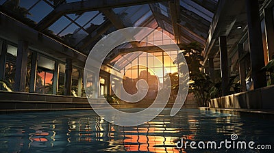 A pool inside a building with a large window Stock Photo