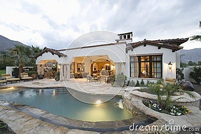 Pool And Modern Home Exterior Stock Photo