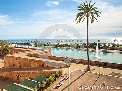 Pool in Parc de la Mar from gothic Cathedral Editorial Stock Photo