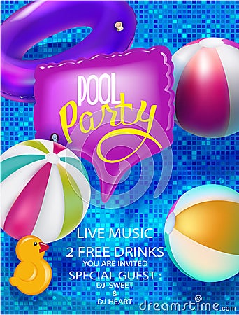 Pool party banner with inflatable toys and inflatable in swimming pool view above. Vector Illustration