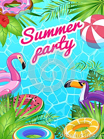 Pool party card. Swim summer inflatable toys poster fun tropical beach flyer lifesaver equipment children sea Vector Illustration