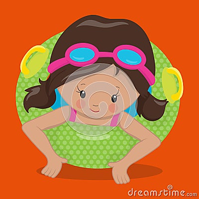 Pool Party Girl Green Circle Brown 04 Vector Illustration