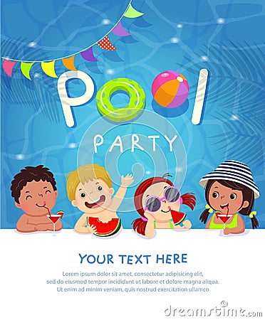 Pool party invitation template card with kids enjoying in swimming pool Vector Illustration
