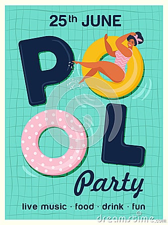Pool party invitation vector illustration. Top view of swimming pool with pool floats Vector Illustration