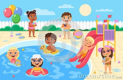 Pool party kids. Children play and swim in water park, happy boys and girls in swimsuits race down waterslide, drink Vector Illustration