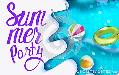 Pool party poster with swimming pool and inflatable toys. Vector Illustration