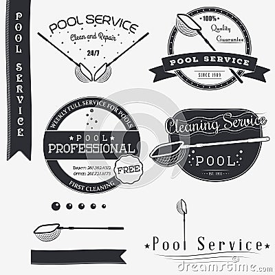 Pool Service. Clean and Repair. Set of Typographic Badges Design Elements, Designers Toolkit. Vector Illustration
