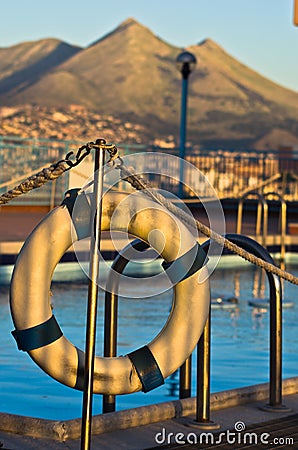 Pool at sunrise with mountains in background, Palermo, Sicily Stock Photo