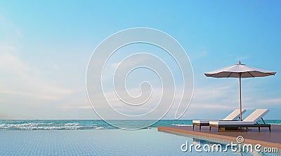 Pool terrace with sea view 3d rendering image Stock Photo