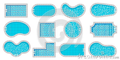 Pool top view. Swimming pools different shapes cartoon style, luxury exterior poolside with water texture tile, summer Vector Illustration
