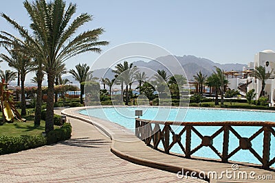 Pool view in a beach hotel Stock Photo