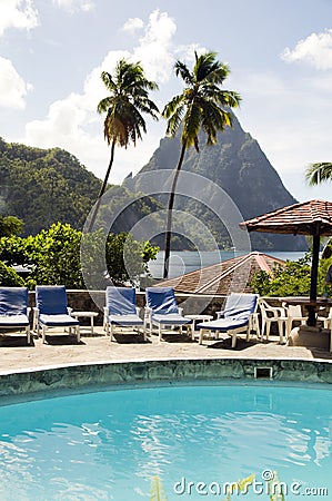 Pool view pitons Caribbean Soufriere S Stock Photo