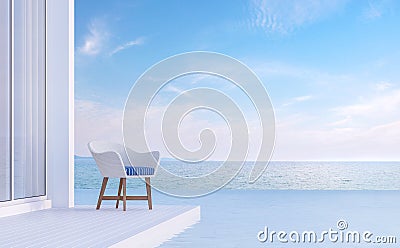 Pool villa terrace with sea view 3d render ,Furnished with white and blue chair. Stock Photo