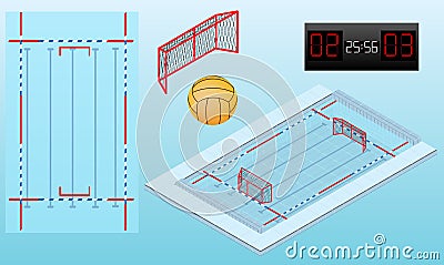 Pool for water polo isometric image, ball, nets, and scoreboard. Water polo pool top view. Isolated Vector Illustration