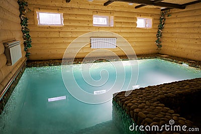 Pool in a wooden sauna Stock Photo