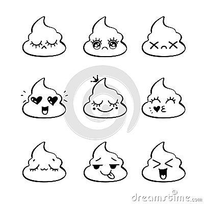 Poop emoji face icons, signs, cartoon shit Vector Illustration