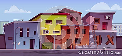 Poor abandoned houses in ghetto district Cartoon Illustration