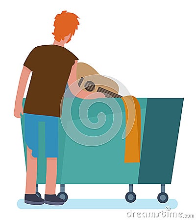 Poor beggar man near the garbage. Homeless man with is looking for food in the trash can. cartoon style vector Vector Illustration