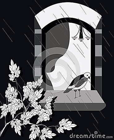 Poor bird waiting in the rain Vector Illustration