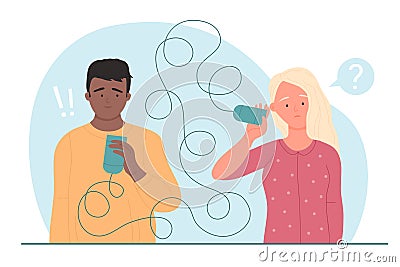 Poor communication and relationship problems in confused couple with tin can telephone Vector Illustration
