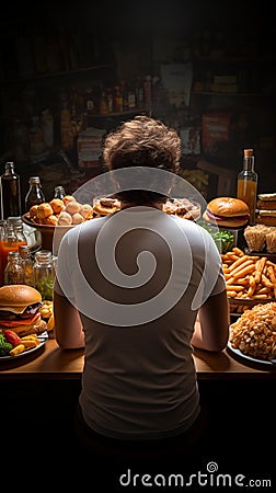 Poor dietary habits Rear view of man eating unhealthy food, promoting awareness Stock Photo