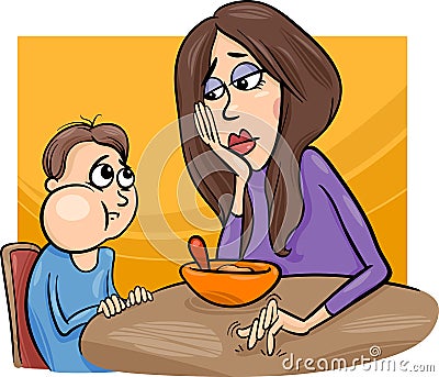 Poor eater boy with mum cartoon Vector Illustration