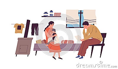 Poor family have no money to pay bills vector flat illustration. Miserable jobless father holding receipt worrying about Vector Illustration