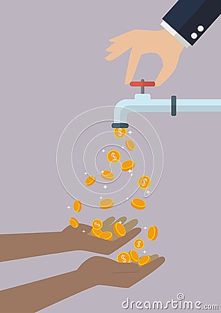 Poor hands are carrying coins falling out of the water tap Vector Illustration