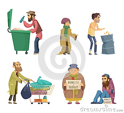 Poor and homeless adults people. Vector characters set Vector Illustration