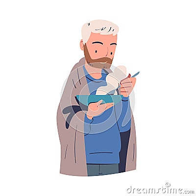Poor Homeless Man Eating Hot Soup in Bowl Warming Vector Illustration Vector Illustration