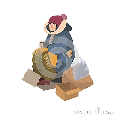 Poor homeless woman dressed in ragged outerwear sitting on street beside pile of garbage, holding paper cup and begging Vector Illustration