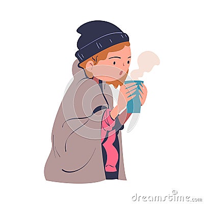 Poor Homeless Woman Drinking Hot Steaming Tea Warming Vector Illustration Vector Illustration