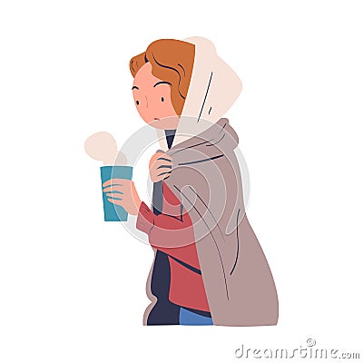Poor Homeless Woman Drinking Hot Steaming Tea Warming Vector Illustration Vector Illustration
