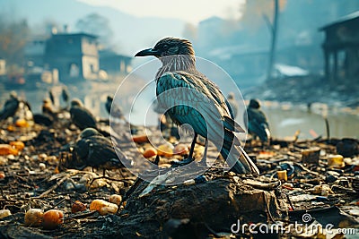 A poor and hungry bird in a garbage dump. The problem of ecology and the environment. Stock Photo