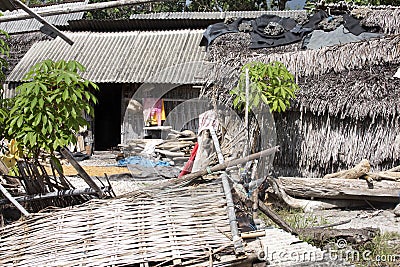 Poor hut seaweed gatherers, Nusa Penida, Indonesia Stock Photo