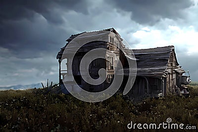 Poor impoverished dilapidated wooden house in desolate landscape, created with Generative AI technology Stock Photo