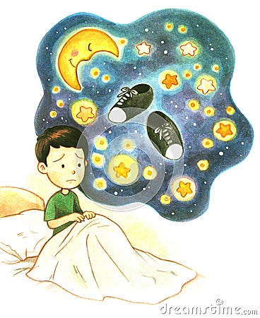 Poor Little Boy Dreaming of the New Shoes Watercolor llustration Stock Photo