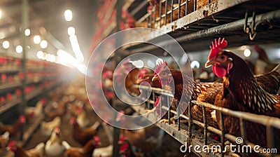 Poor living conditions in poultry production. Animal rights. Brown chickens peering out from their confined cages in industrial Stock Photo