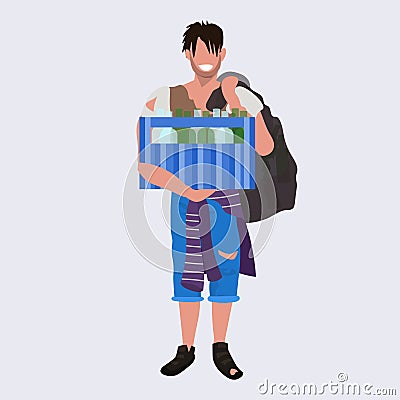 Poor man beggar holding box with bottles tramp bum guy begging homeless jobless concept flat full length Vector Illustration