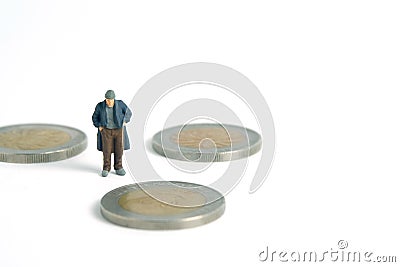 Poor man with coin money left. Miniature tiny people toys photography. isolated on white background Stock Photo