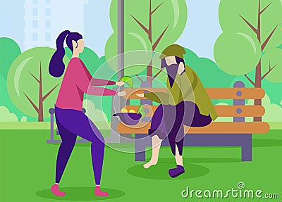 Poor Man and Kind Woman Help Support Motivation Vector Illustration